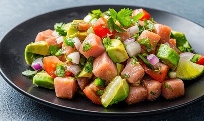 Tuna ceviche served on a sleek black plate with lime, tomatoes, cilantro, and avocado on a soft sky blue background