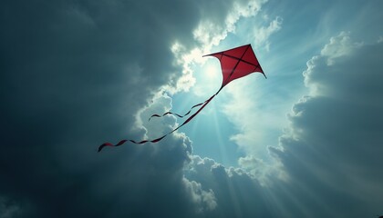 Red kite flying against cloudy sky.