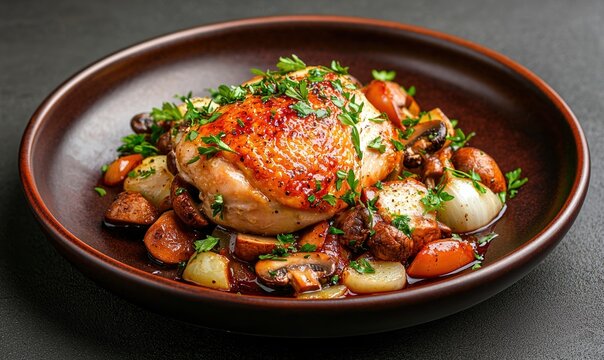 Delicious coq au vin served with vegetables on a dark brown plate against a soft ivory background