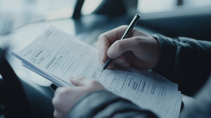 Person completing car tax forms – tax filing, vehicle documentation