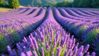 Obraz premium Lavender fields with diagonal rows of tall flowers in the distance, floral, garden