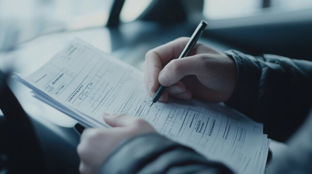 Person completing car tax forms – tax filing, vehicle documentation