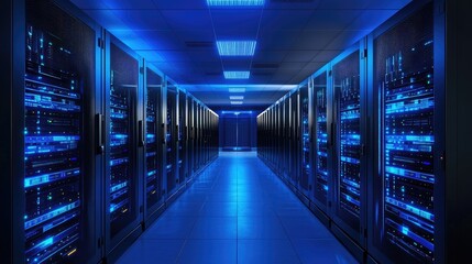 Advanced data center with rows of illuminated blue server racks in a high-security environment, ideal for cloud computing, cybersecurity, and IT infrastructure solutions
