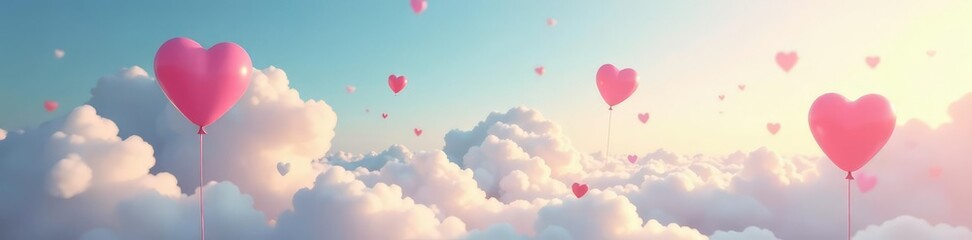 Fototapeta premium Pastel-colored hearts drifting in the air with balloons amidst cloudy skies, hazy, airy