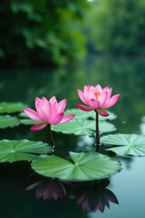 Obraz premium Peaceful lotus flowers in a serene pool of water, nature, calm
