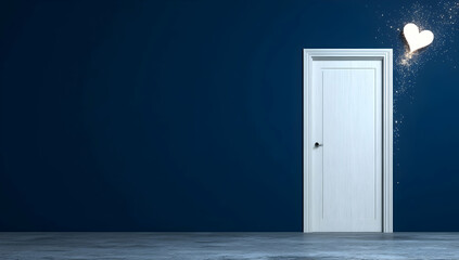 White door in a dark room, glowing heart above, hope and opportunity concept; ideal for websites, blogs, or presentations about new beginnings
