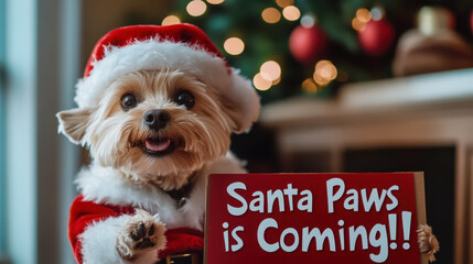 Cute fluffy dog in santa costume holding "santa paws is coming" sign for christmas greeting card
