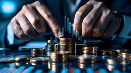 Businessman Holding Stacked Coins with Rising Financial Graph