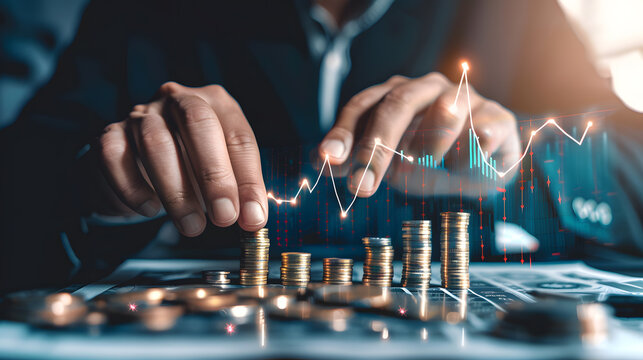 Businessman Holding Stacked Coins with Rising Financial Graph
