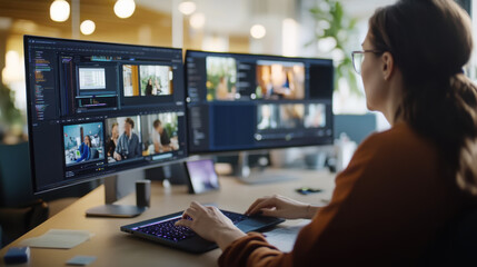 Professional video editing on laptop with dual monitors in modern office setting