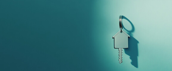 House-shaped key on teal background, casting shadow, ample free space for text or logo, symbolizing homeownership, real estate, or new beginnings