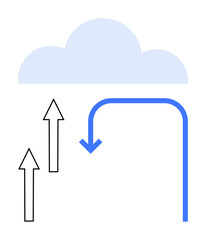 Cloud with two black upward arrows and one blue downward arrow demonstrating process flow. Ideal for technology, data exchange, cloud computing, workflow, recycling, renewal, internet. Flat simple