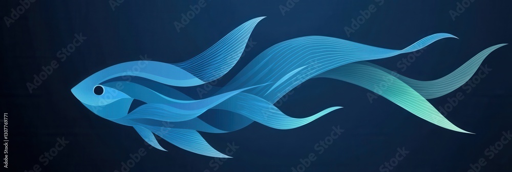 Poster minimalist aquatic logo featuring abstract fish design with wave patterns in cool blue tones for cre