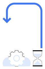 Gear, hourglass, and curving blue arrow visualizing workflow, efficiency, and time management. Ideal for productivity, planning, deadlines, process improvement automation organization flat simple