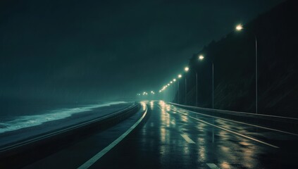Empty highway at night along a foggy coast.