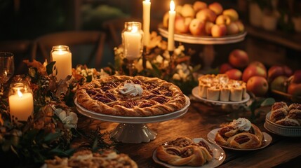 A lavish autumnal feast featuring pecan pie and other delectable desserts on a rustic table