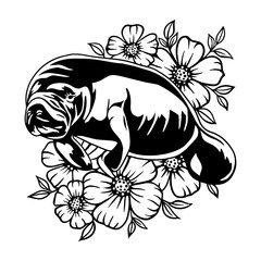 Beautiful black and white vector illustration of a  manatee , surrounded by delicate flowers. Perfect for tattoos, nature-themed designs, and marine wildlife lovers.