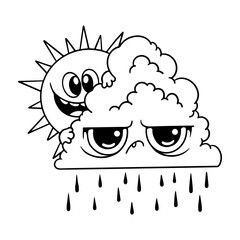 Funny black and white vector illustration of a cheerful sun hugging a grumpy rainy cloud. Perfect for weather-themed designs, kids' illustrations, cartoons, and creative prints.