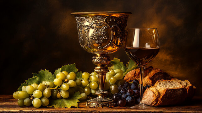 Still life of ornate golden chalice, wine glass with red wine, green and purple grapes, and bread loaves, arranged on wooden surface, evoking religious or ceremonial themes