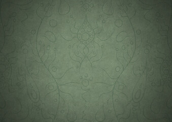 Hand-drawn unique abstract symmetrical seamless ornament. Dark semi transparent green on a light warm green with vignette of a darker background color. Paper texture. A4. (pattern: p13-1a)