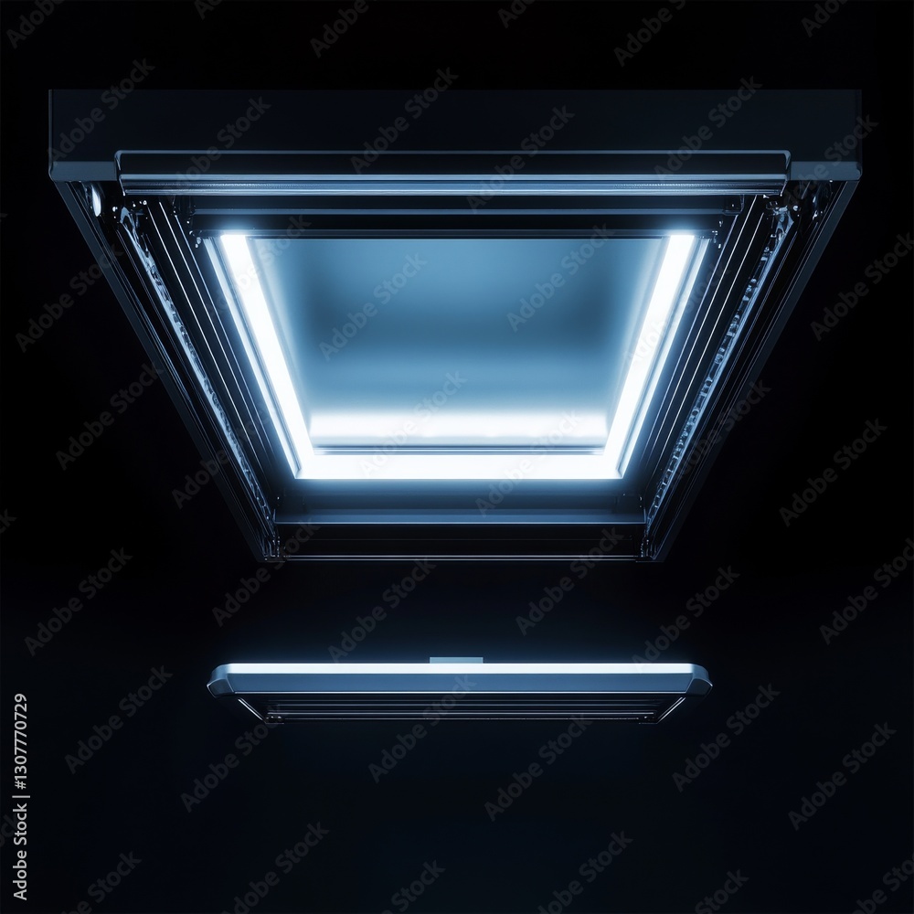Aufkleber abstract minimalist architecture: neon blue square light display against dark backdrop