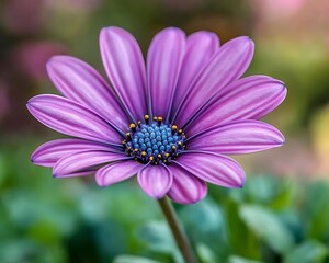 Fototapeta premium Purple daisy blooms in garden with soft backdrop