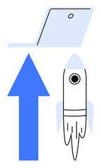 Simplified laptop illustration above a bold blue arrow and rocket icon. Ideal for technology, innovation, business growth, startup success, creative solutions, productivity, and digital progress