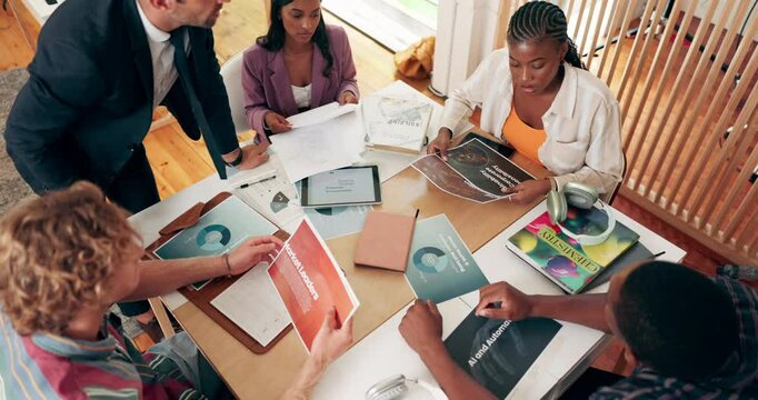 Professor, class and helping at business college, top view and group discussion for course project. People, teacher and sharing knowledge on module for research, university education and support
