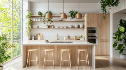 Stylish openconcept kitchen with light wood and quartz elegance