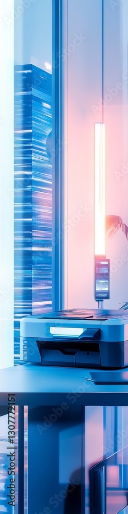 Poster modern office printer in clean, minimalist style with abstract architectural backdrop and soft light