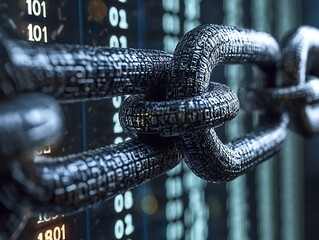 Digital chain links connect against a background of computer coding
