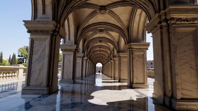 Marble columns and arching architectural elements forming symmetrical perspective in grand Roman walkway, highlighting classical architectural elegance and structural grandeur