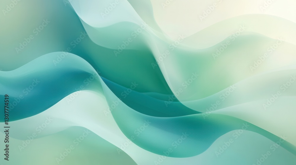 Poster Smoothing waves of pastel green and blue create a sense of calmness and tranquility in an abstract background Generative AI