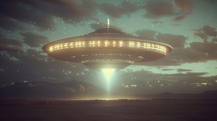 Obraz premium Massive UFO spacecraft hovering over desert landscape at twilight with dramatic light beams