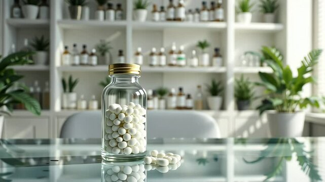 Homeopathic Medicine in Glass Bottle on Glass Surface in a Modern Clinic