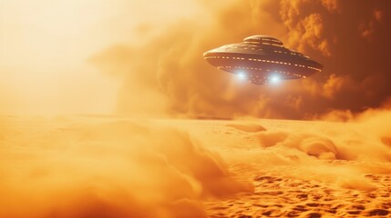 Futuristic flying saucer or UFO hovering over golden clouds at sunset with glowing lights background