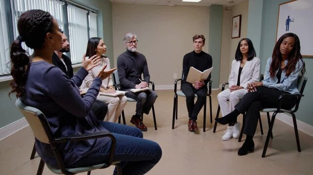 People participating in a supportive group therapy session, sharing and listening in a circle. Expressive interactions highlight the group dynamics and personal connections