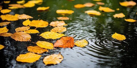 Golden Autumn Leaves Floating on Rippled Water Surface of Pond Peaceful Fall Scenery in Nature Outdoors