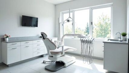 Bright modern dental office with large window and dental chair