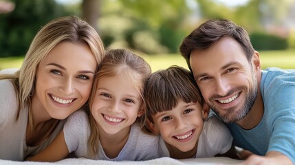 Fototapeta premium Happy caucasian family outdoors: smiling parents and children enjoying nature