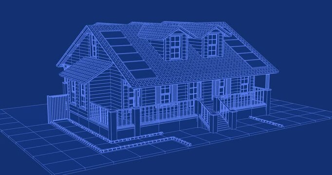 Clean line art blueprint house design 360 view loop animation blue background white outline residential building