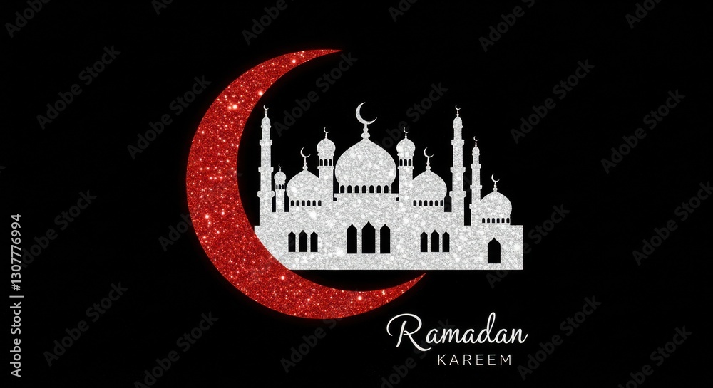 Fototapete a crescent moon and a silhouette of a mosque with multiple domes and minarets below the crescent moo