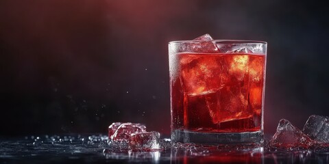 Refreshing cocktail in a glass with ice cubes on a dark background during a lively evening gathering