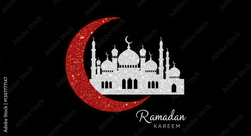 Fototapete a crescent moon and a silhouette of a mosque with multiple domes and minarets below the crescent moo
