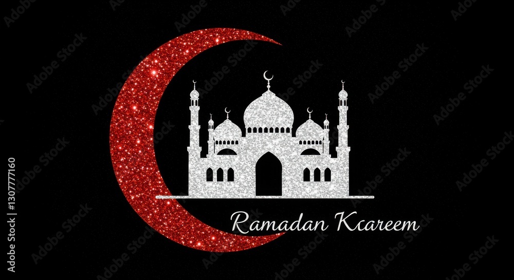 Fototapete a crescent moon and a silhouette of a mosque with multiple domes and minarets below the crescent moo