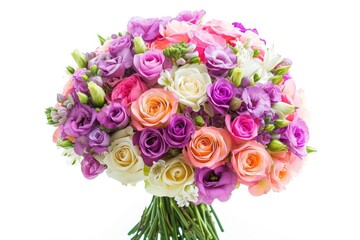 Fototapeta premium A vibrant bouquet of pastel roses, lisianthus, and other flowers, perfect for celebrations.