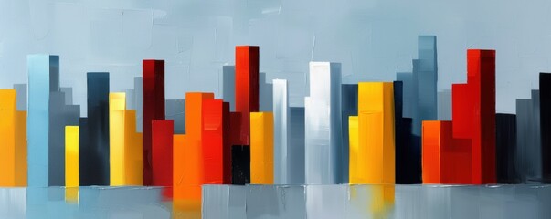 Obraz premium Abstract skyline with colorful geometric buildings on reflective surface