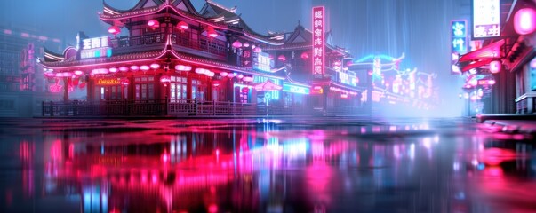 Neon-lit asian street at night with traditional architecture and vibrant reflections