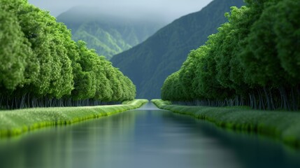 Fototapeta premium Serene mountain valley with symmetrical tree-lined river and lush greenery