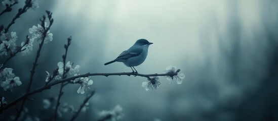 Fototapeta premium Serene Bird on Blossom Branch in Misty Morning Light